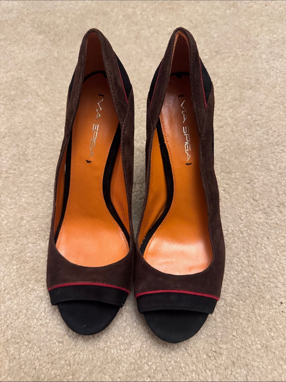 Via Spiga Brown Suede Peep Toe Heels with Red Accent